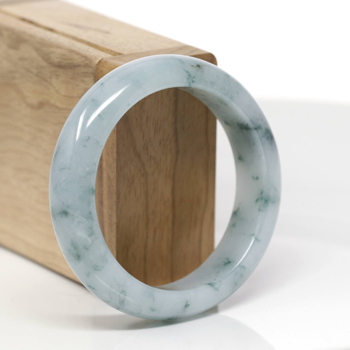 Baikalla Natural Light Blue-Green W/ Blue-Green Flowers Jadeite Jade "Wide Half Round" Bangle Bracelet (54.4mm) 