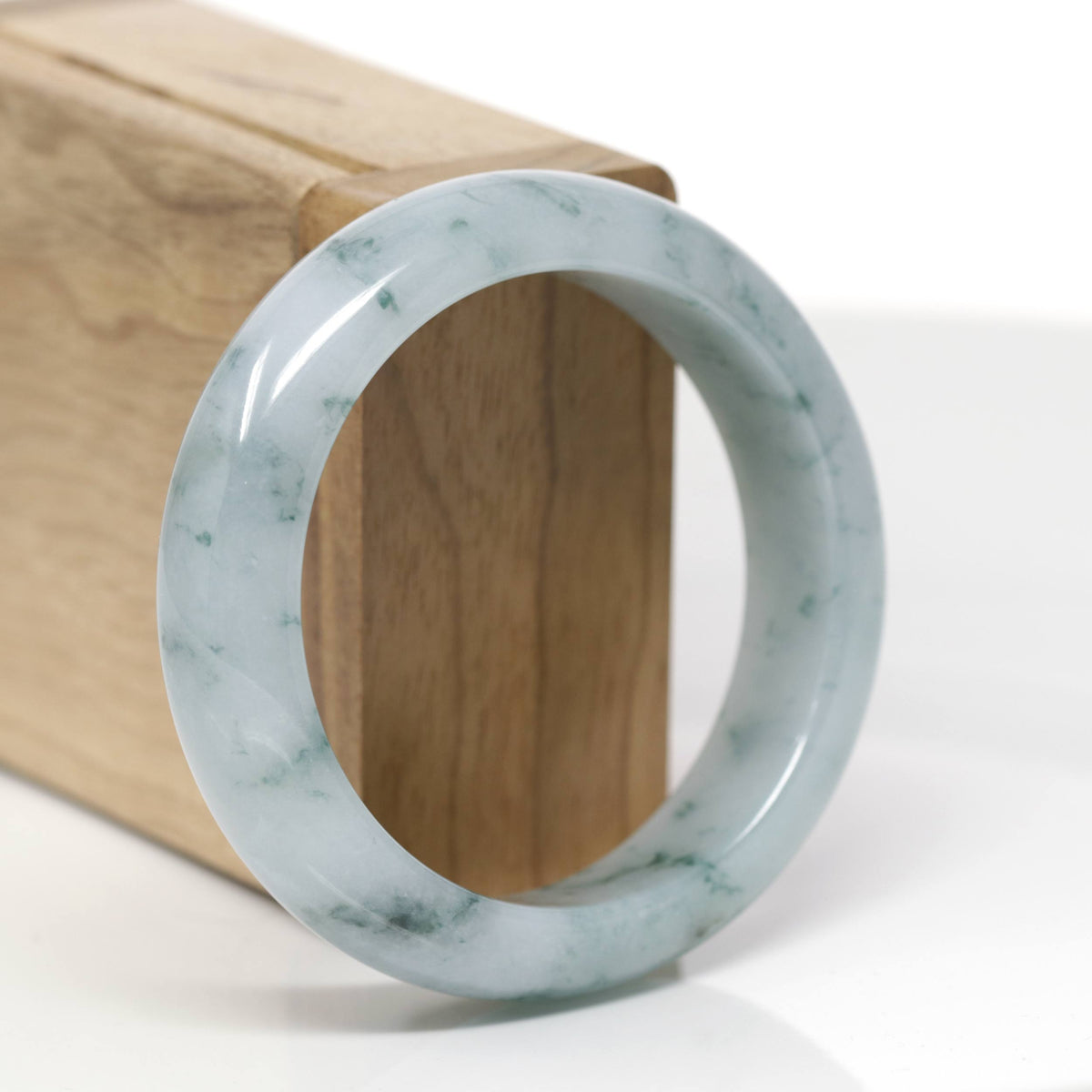 Baikalla Natural Light Blue-Green W/ Blue-Green Flowers Jadeite Jade "Wide Half Round" Bangle Bracelet (54.4mm) 