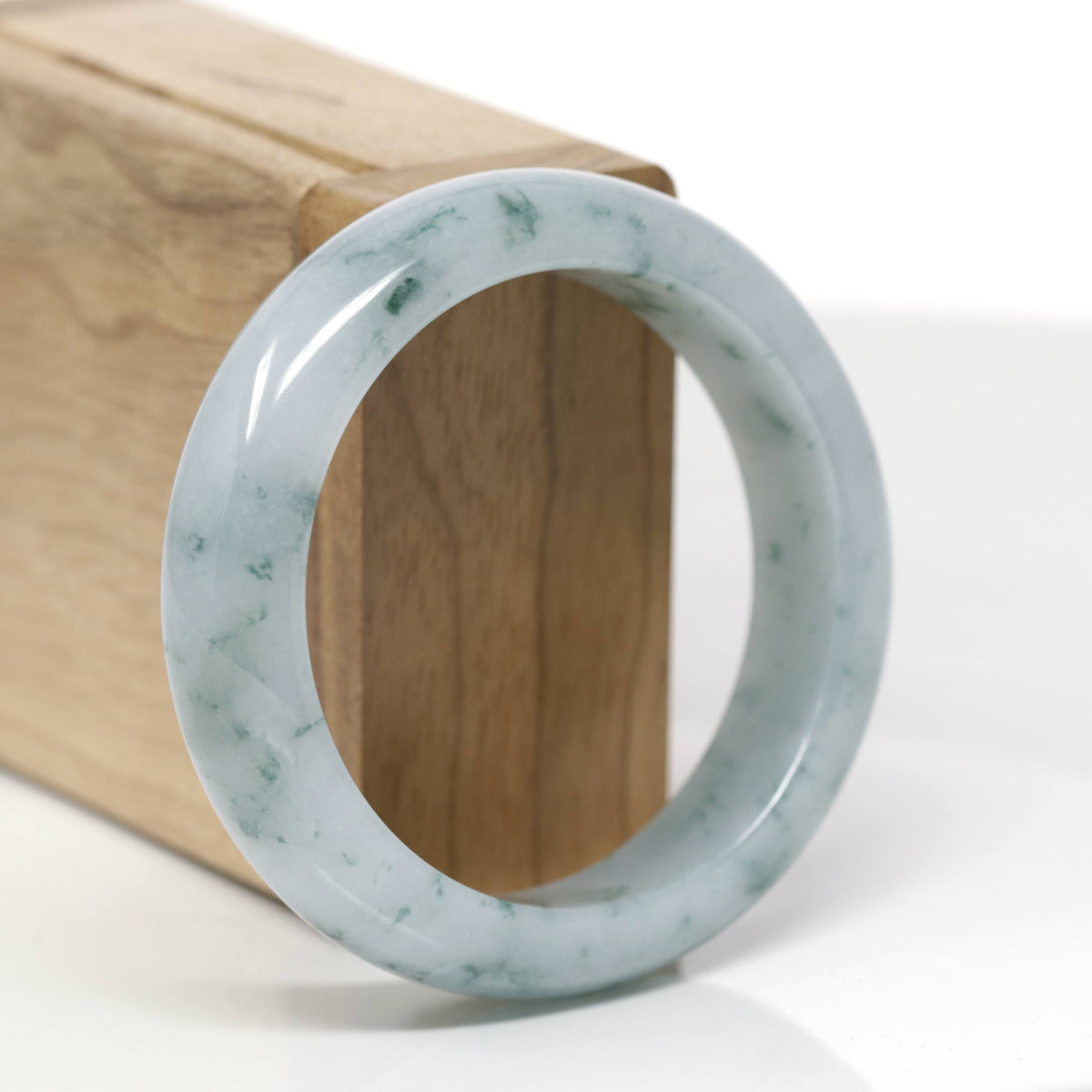 Baikalla Natural Light Blue-Green W/ Blue-Green Flowers Jadeite Jade "Wide Half Round" Bangle Bracelet (54.4mm) 
