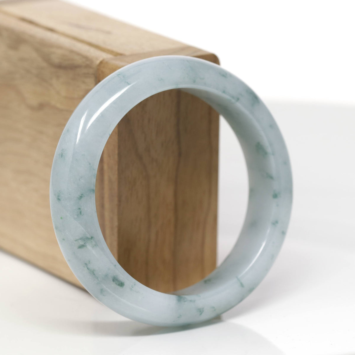 Baikalla Natural Light Blue-Green W/ Blue-Green Flowers Jadeite Jade "Wide Half Round" Bangle Bracelet (54.4mm) 