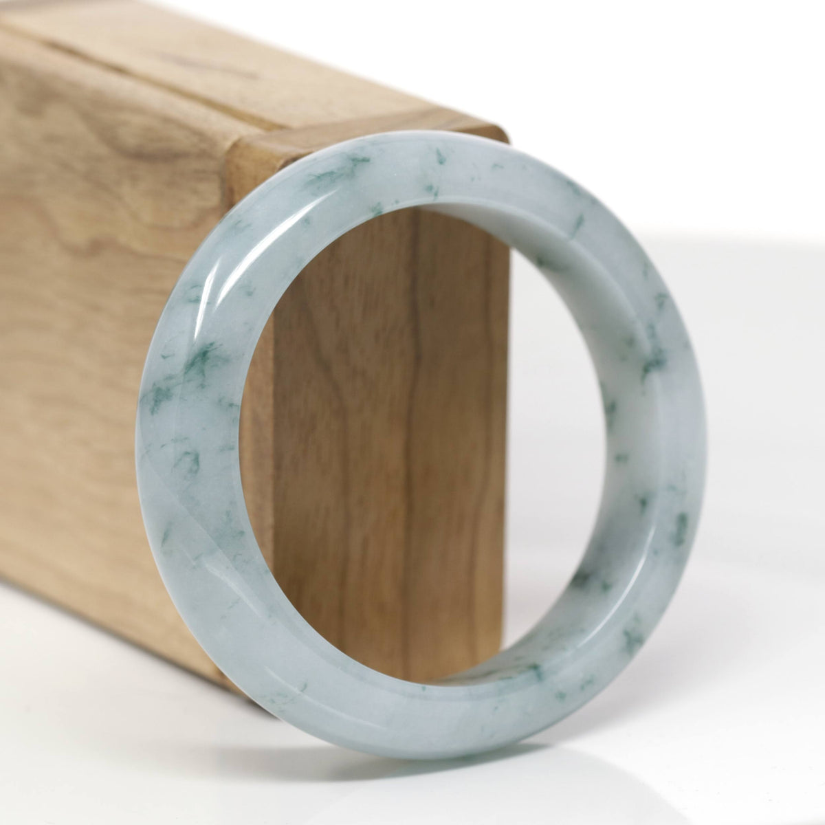 Baikalla Natural Light Blue-Green W/ Blue-Green Flowers Jadeite Jade "Wide Half Round" Bangle Bracelet (54.4mm) 