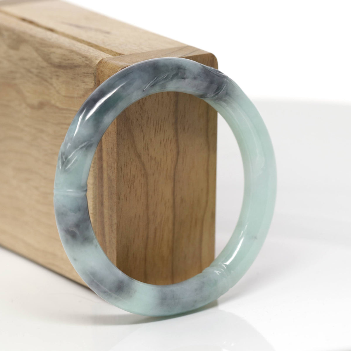 Baikalla Bamboo Carving Natural Light Green &amp; Black Wuji Jadeite Jade "Traditional Full Round" Bangle Bracelet (52.7mm) 