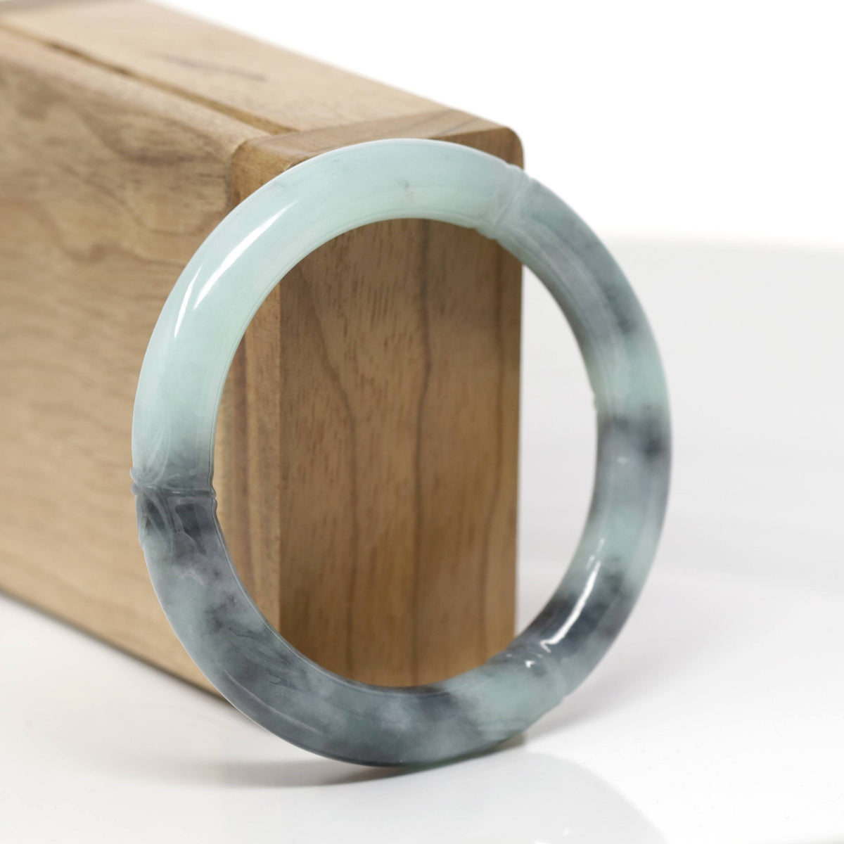 Baikalla Bamboo Carving Natural Light Green &amp; Black Wuji Jadeite Jade "Traditional Full Round" Bangle Bracelet (52.7mm) 