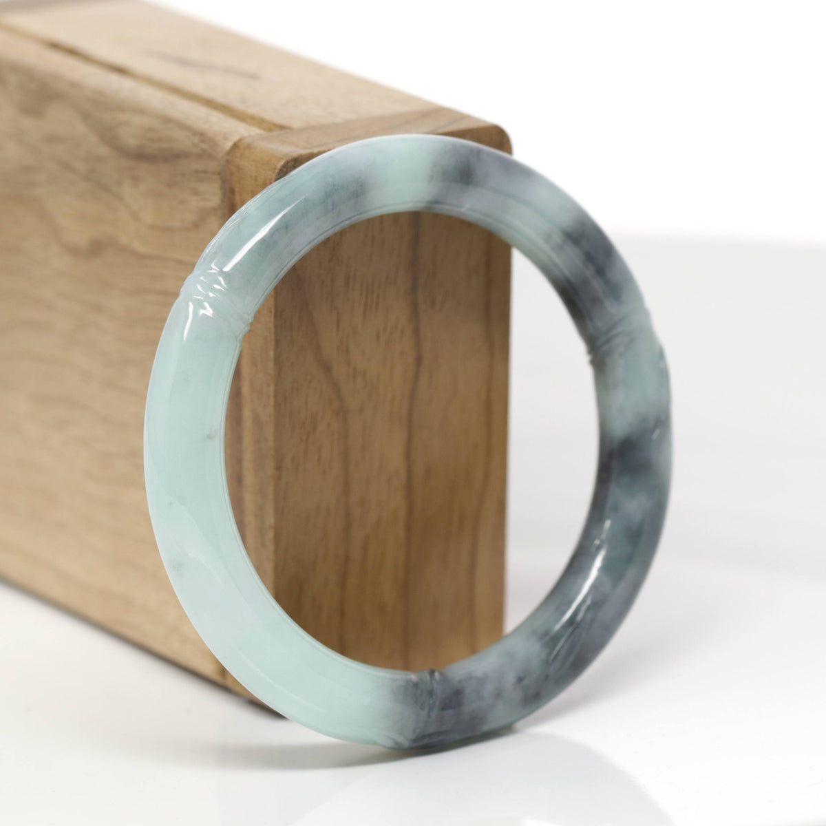 Baikalla Bamboo Carving Natural Light Green &amp; Black Wuji Jadeite Jade "Traditional Full Round" Bangle Bracelet (52.7mm) 