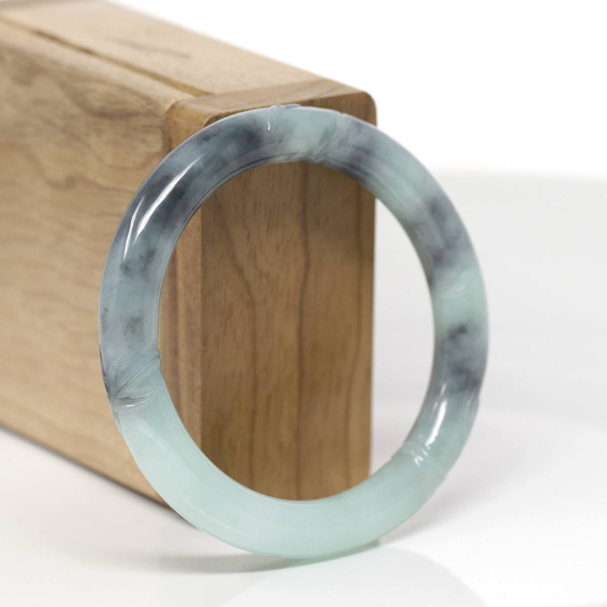 Baikalla Bamboo Carving Natural Light Green &amp; Black Wuji Jadeite Jade "Traditional Full Round" Bangle Bracelet (52.7mm) 