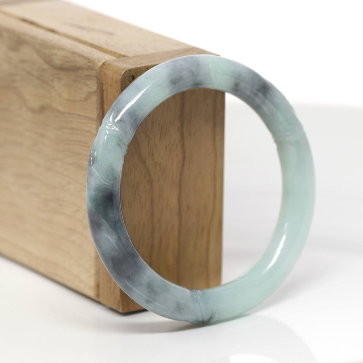 Baikalla Bamboo Carving Natural Light Green &amp; Black Wuji Jadeite Jade "Traditional Full Round" Bangle Bracelet (52.7mm) 