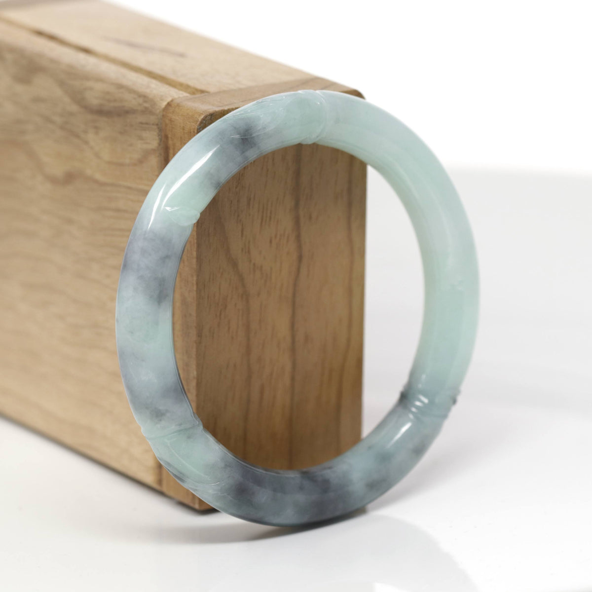 Baikalla Bamboo Carving Natural Light Green &amp; Black Wuji Jadeite Jade "Traditional Full Round" Bangle Bracelet (52.7mm) 