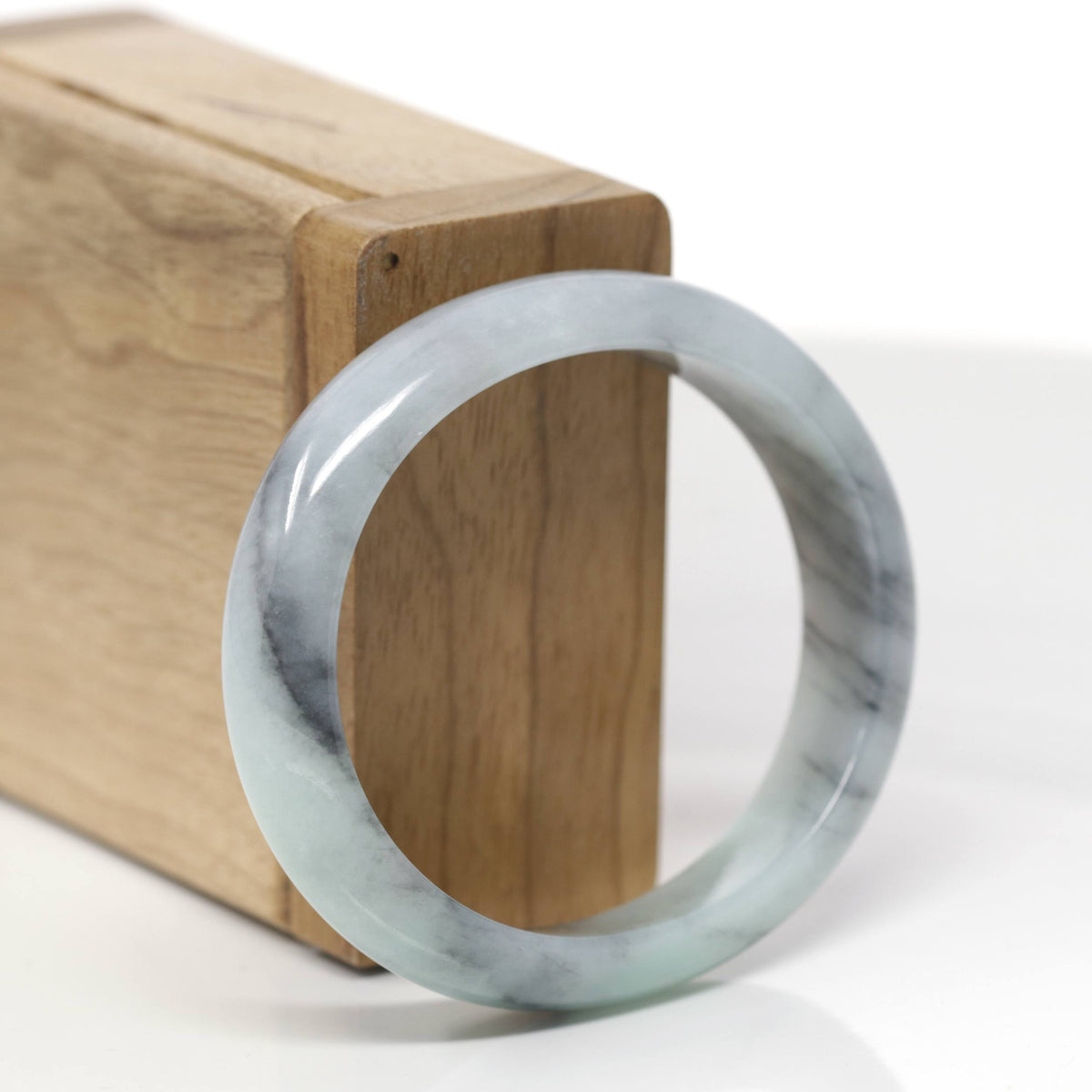 Baikalla Natural Light Green &amp; Black Wuji Jadeite Jade "Oval" Bangle Bracelet (56.4mm) 