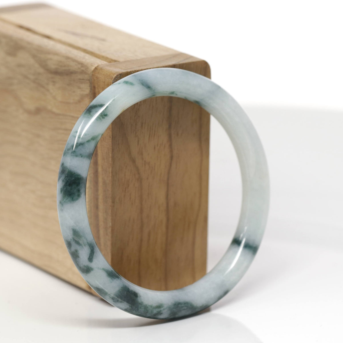 Baikalla Natural Deep Blue-Green Flowers Jadeite Jade "Traditional Round" Bangle Bracelet (54.1mm) 
