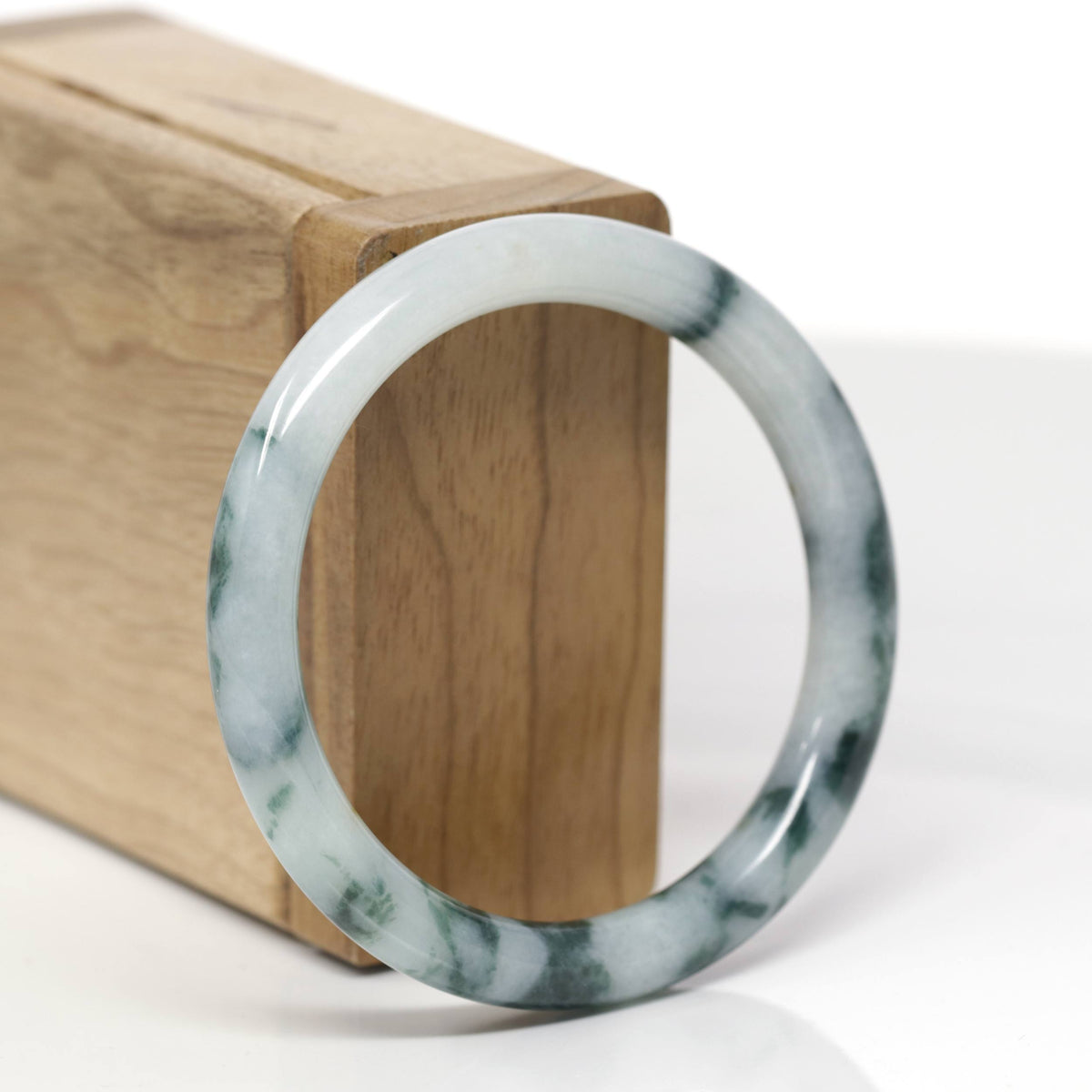 Baikalla Natural Deep Blue-Green Flowers Jadeite Jade "Traditional Round" Bangle Bracelet (54.1mm) 