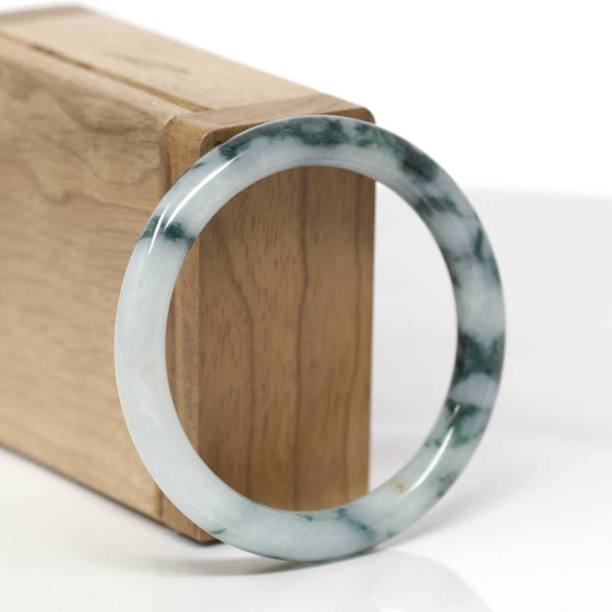 Baikalla Natural Deep Blue-Green Flowers Jadeite Jade "Traditional Round" Bangle Bracelet (54.1mm) 