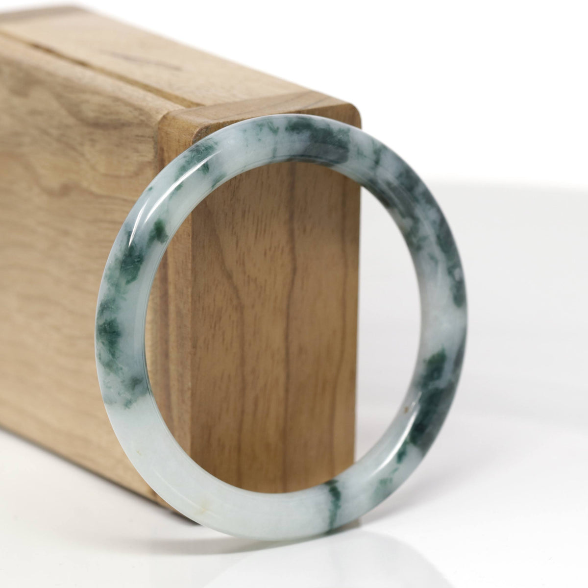 Baikalla Natural Deep Blue-Green Flowers Jadeite Jade "Traditional Round" Bangle Bracelet (54.1mm) 