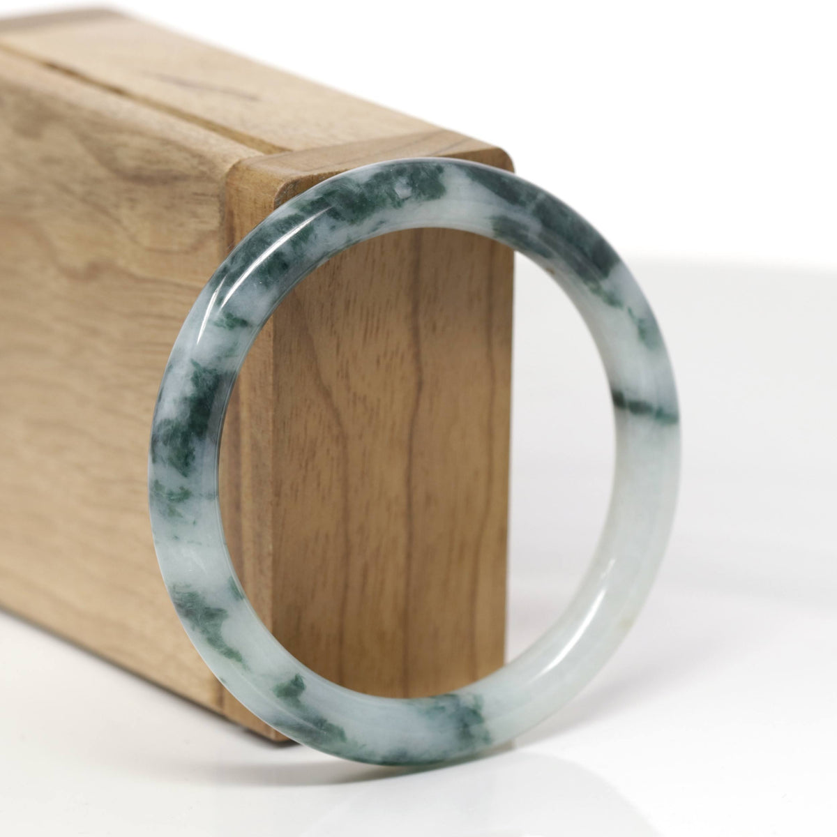 Baikalla Natural Deep Blue-Green Flowers Jadeite Jade "Traditional Round" Bangle Bracelet (54.1mm) 