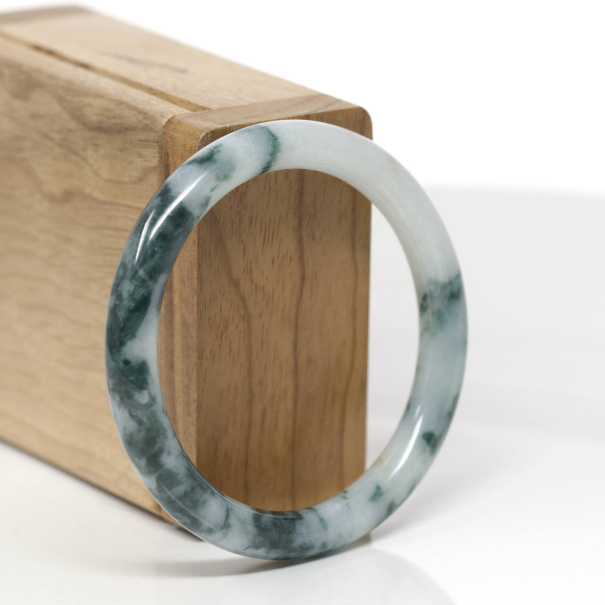 Baikalla Natural Deep Blue-Green Flowers Jadeite Jade "Traditional Round" Bangle Bracelet (54.1mm) 