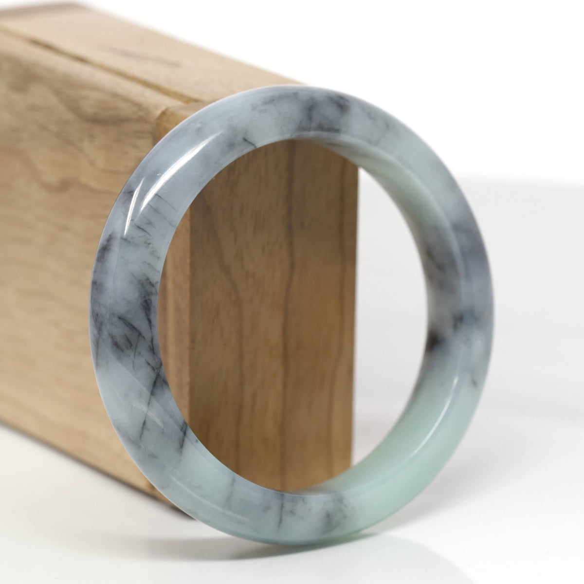Baikalla Natural Light Green &amp; Black Wuji Jadeite Jade "Half Round" Bangle Bracelet (56.7mm) 