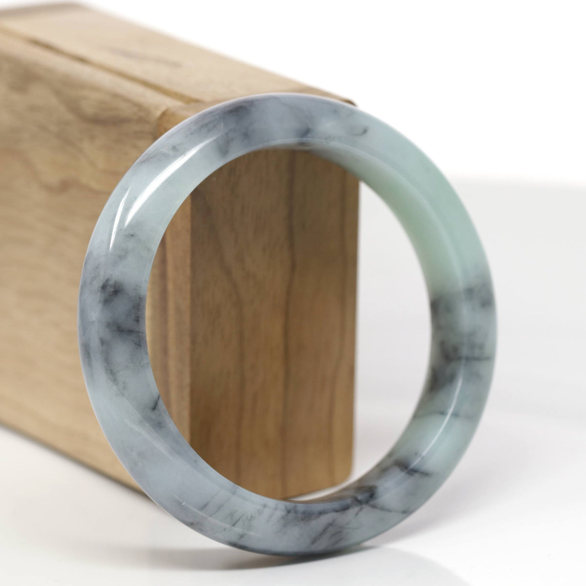 Baikalla Natural Light Green &amp; Black Wuji Jadeite Jade "Half Round" Bangle Bracelet (56.7mm) 