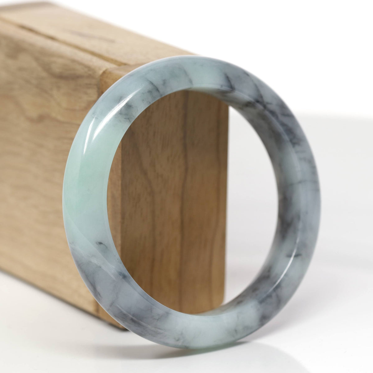 Baikalla Natural Light Green &amp; Black Wuji Jadeite Jade "Half Round" Bangle Bracelet (56.7mm) 