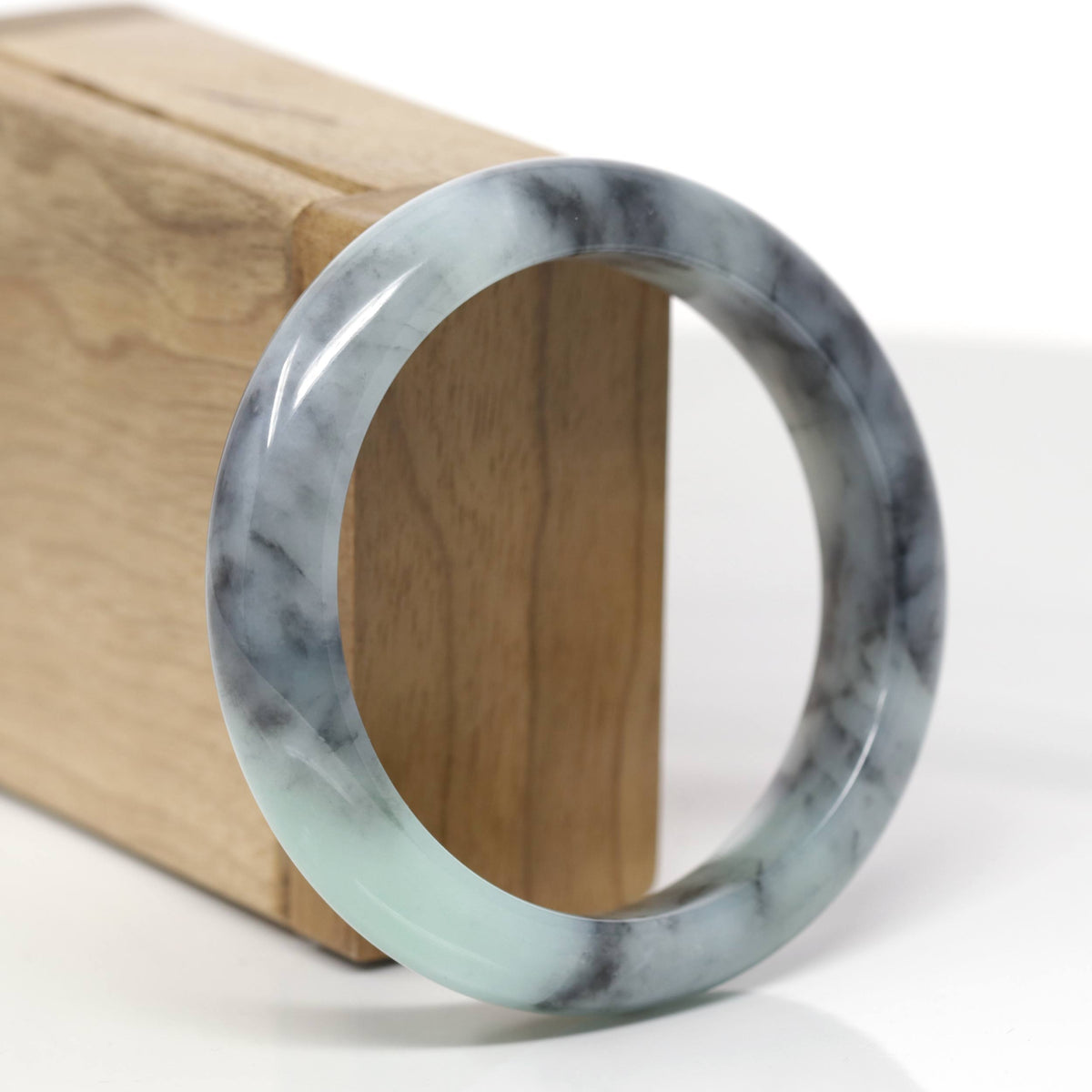 Baikalla Natural Light Green &amp; Black Wuji Jadeite Jade "Half Round" Bangle Bracelet (56.7mm) 