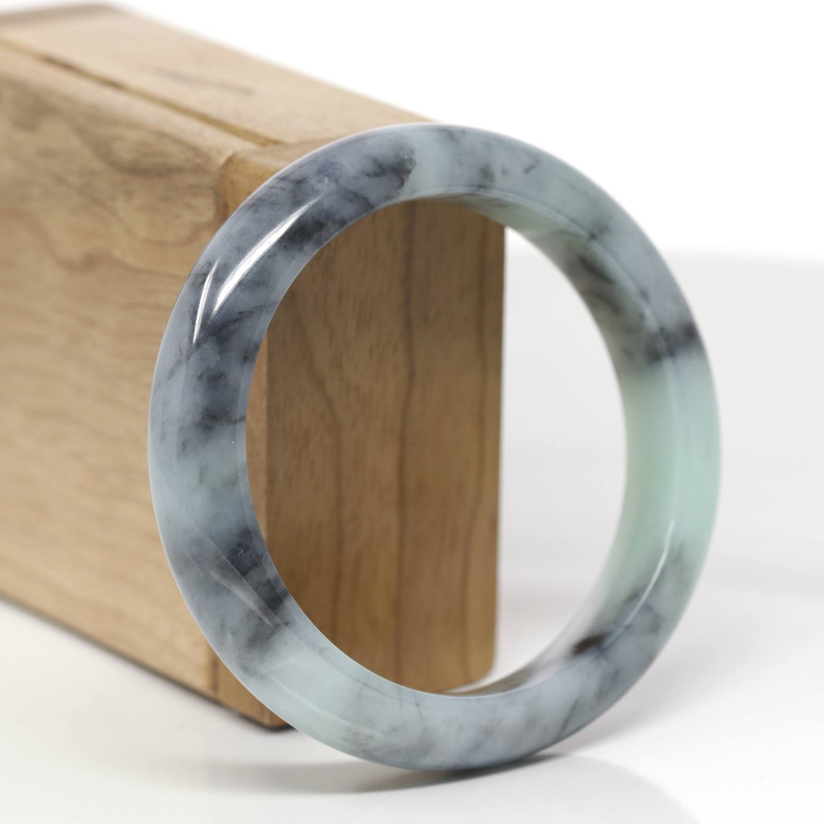 Baikalla Natural Light Green &amp; Black Wuji Jadeite Jade "Half Round" Bangle Bracelet (56.7mm) 