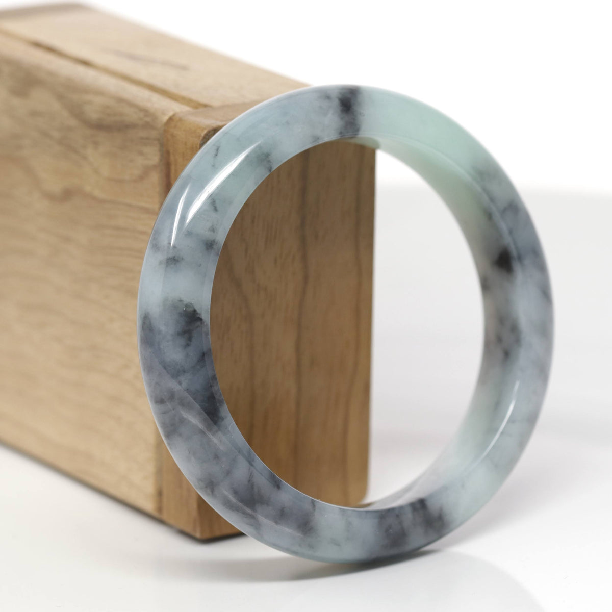 Baikalla Natural Light Green &amp; Black Wuji Jadeite Jade "Half Round" Bangle Bracelet (56.7mm) 