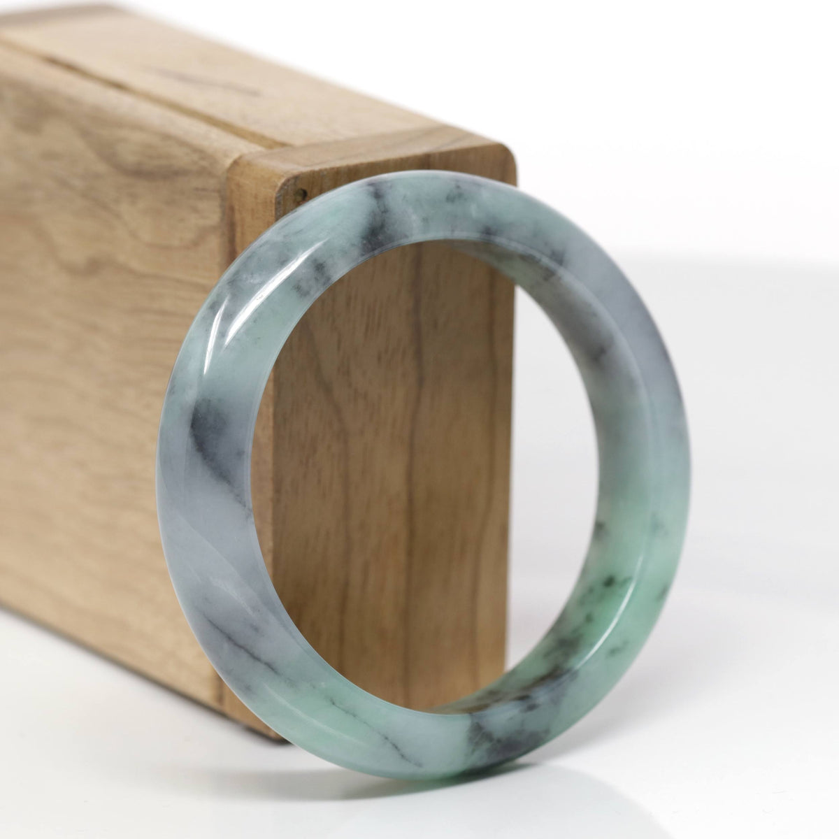 Baikalla Natural Apple-Green &amp; Black Wuji Jadeite Jade "Half Round" Bangle Bracelet (53mm) 