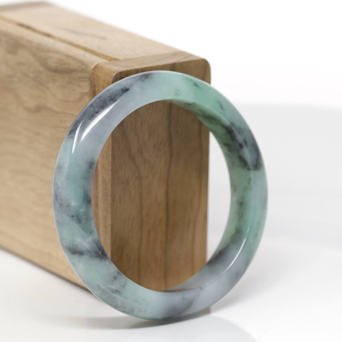 Baikalla Natural Apple-Green &amp; Black Wuji Jadeite Jade "Half Round" Bangle Bracelet (53mm) 