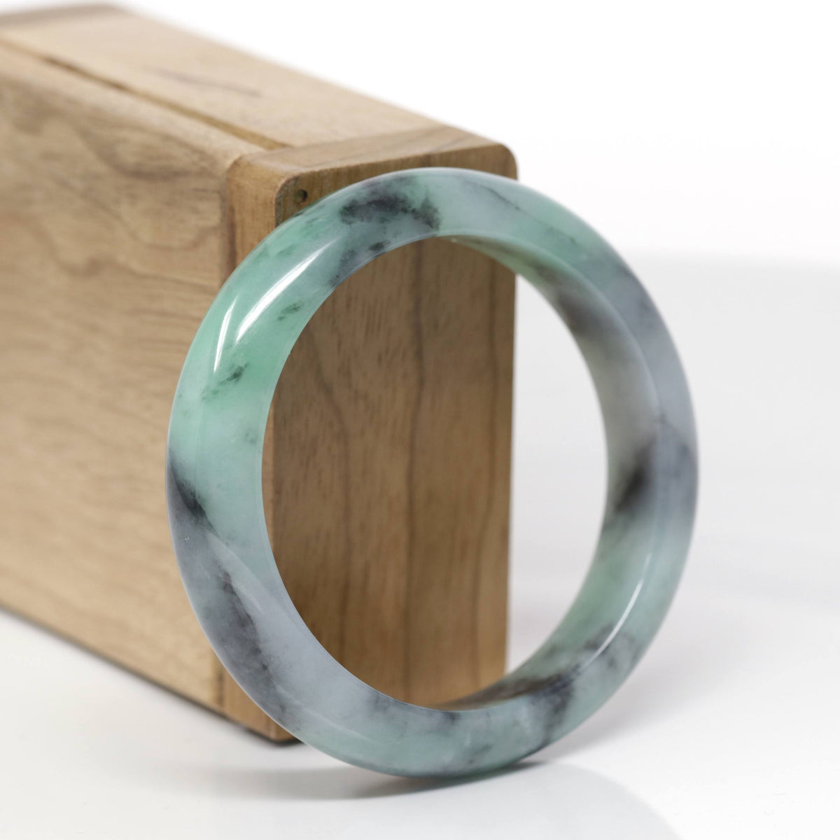 Baikalla Natural Apple-Green &amp; Black Wuji Jadeite Jade "Half Round" Bangle Bracelet (53mm) 