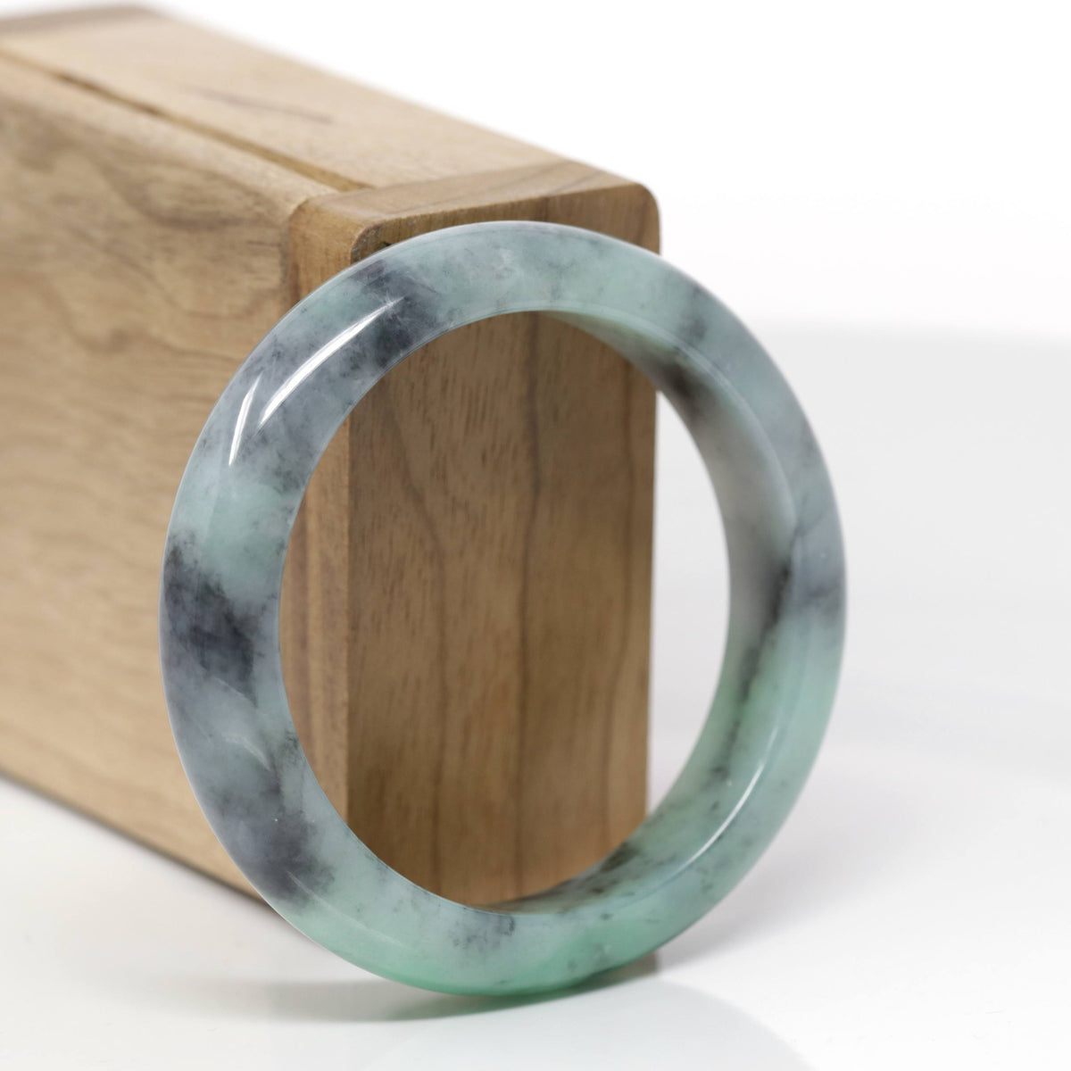 Baikalla Natural Apple-Green &amp; Black Wuji Jadeite Jade "Half Round" Bangle Bracelet (53mm) 