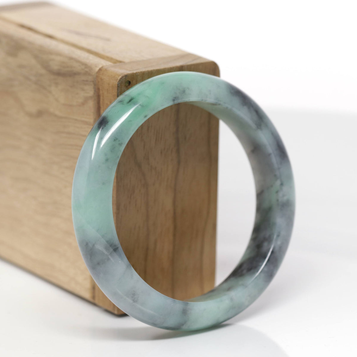 Baikalla Natural Apple-Green &amp; Black Wuji Jadeite Jade "Half Round" Bangle Bracelet (53mm) 