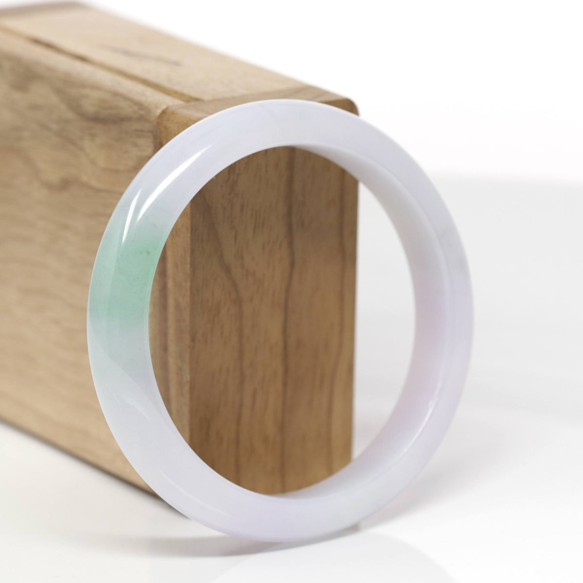 High-End Natural Icy Light Lavender &amp; Apple-Green Patch Jadeite Jade "Half Round" Bangle Bracelet (56.6mm) 