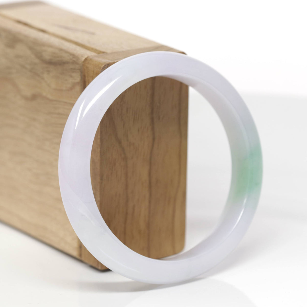 High-End Natural Icy Light Lavender &amp; Apple-Green Patch Jadeite Jade "Half Round" Bangle Bracelet (56.6mm) 