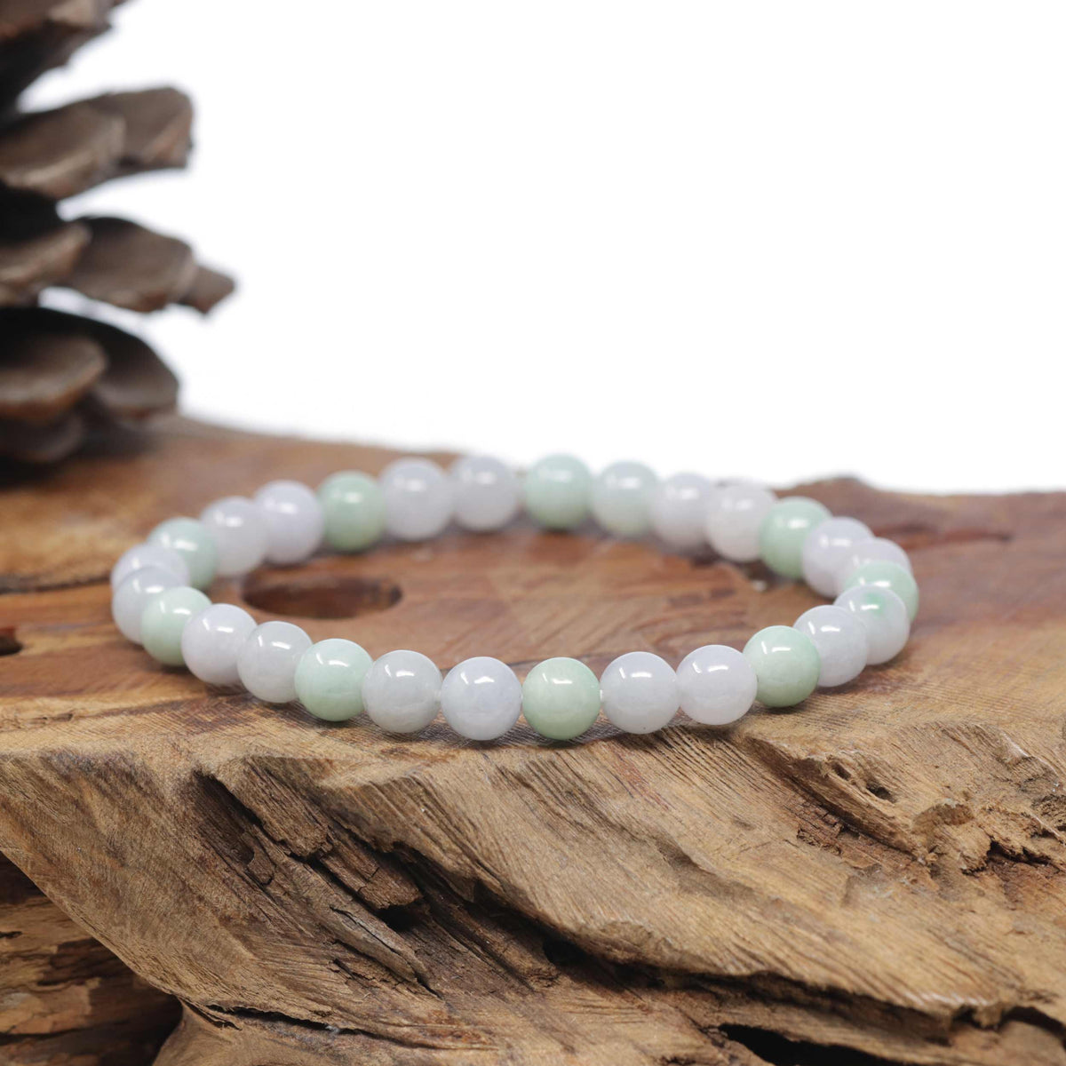 Baikalla Natural Light Lavender &amp; Green Jadeite Jade Round Bead Bracelet (7.7mm)
