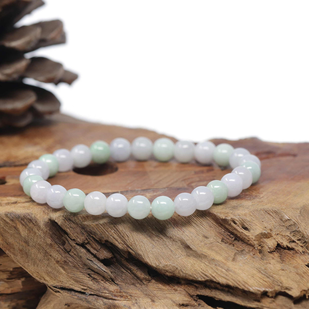 Baikalla Natural Light Lavender &amp; Green Jadeite Jade Round Bead Bracelet (7.7mm)
