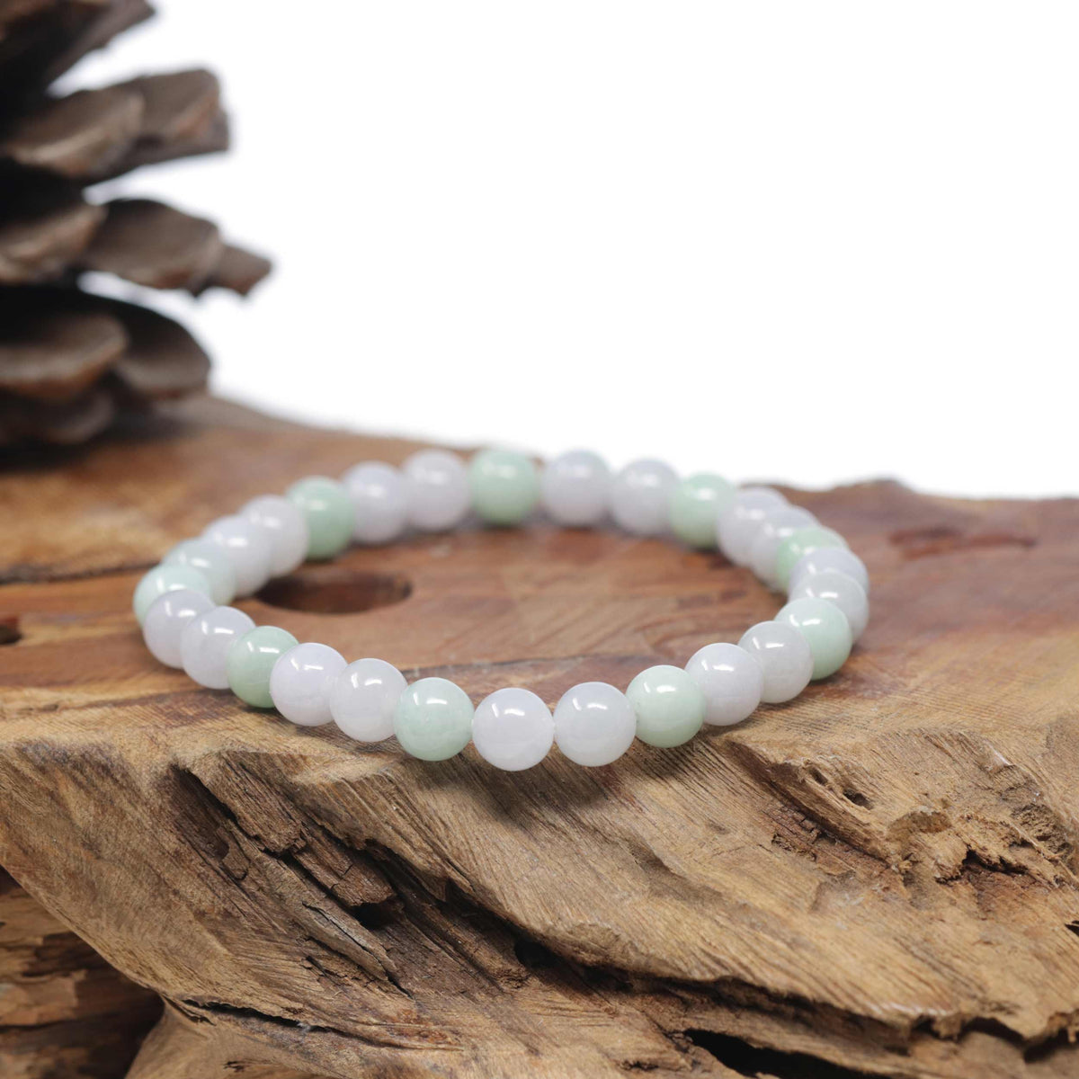 Baikalla Natural Light Lavender &amp; Green Jadeite Jade Round Bead Bracelet (7.7mm)