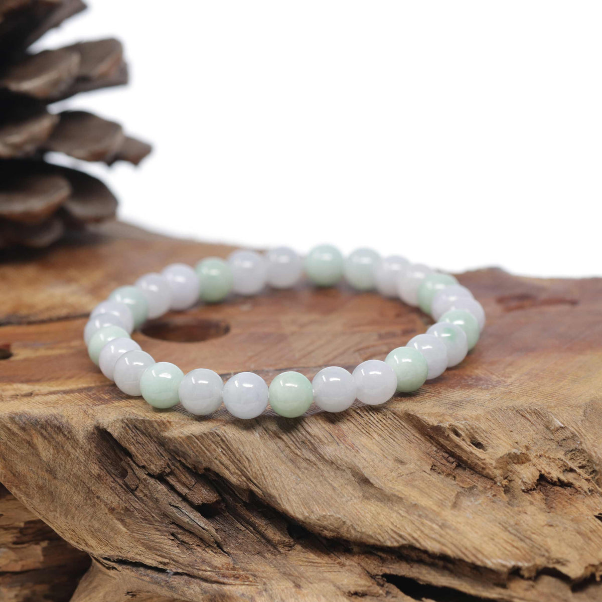 Baikalla Natural Light Lavender &amp; Green Jadeite Jade Round Bead Bracelet (7.7mm)