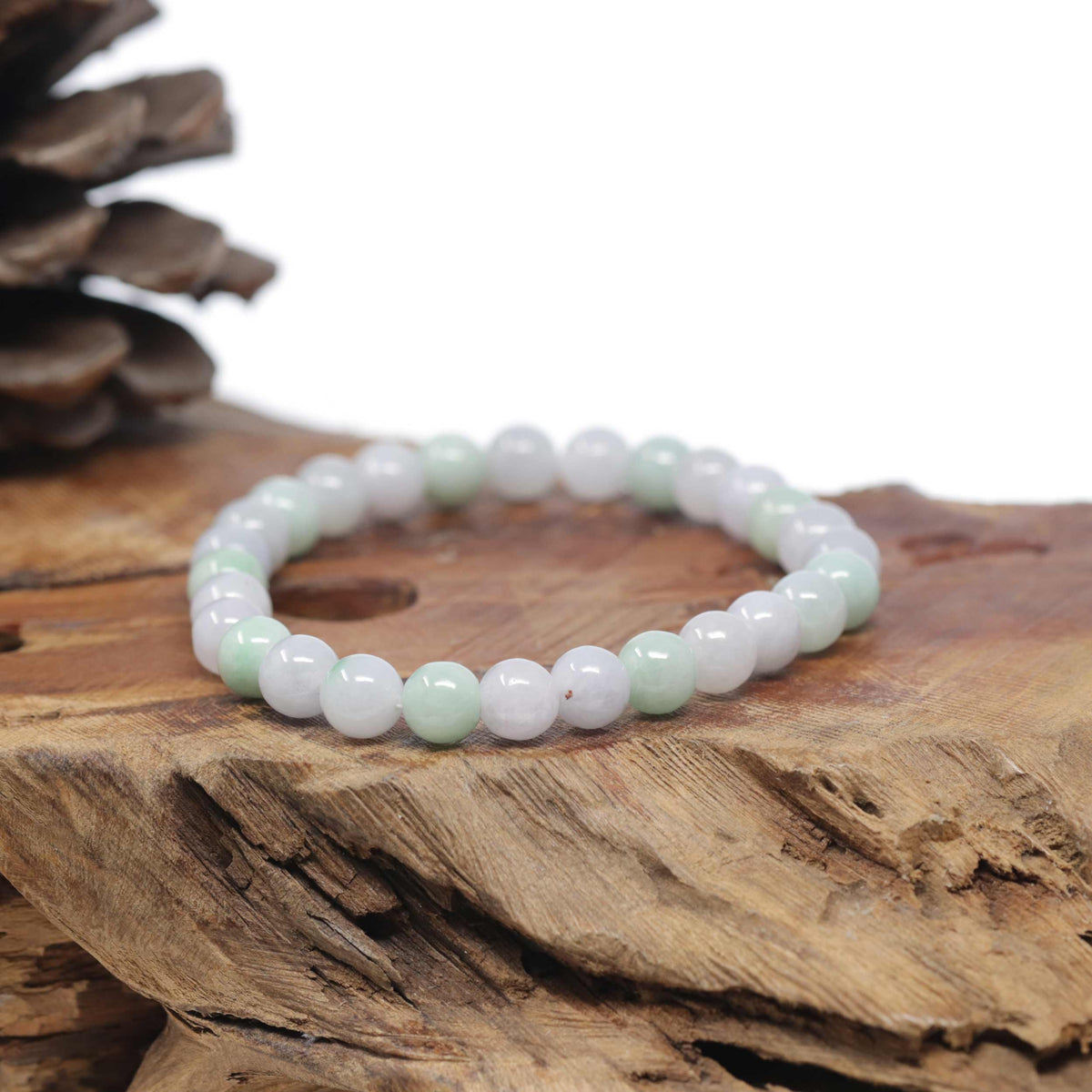 Baikalla Natural Light Lavender &amp; Green Jadeite Jade Round Bead Bracelet (7.7mm)