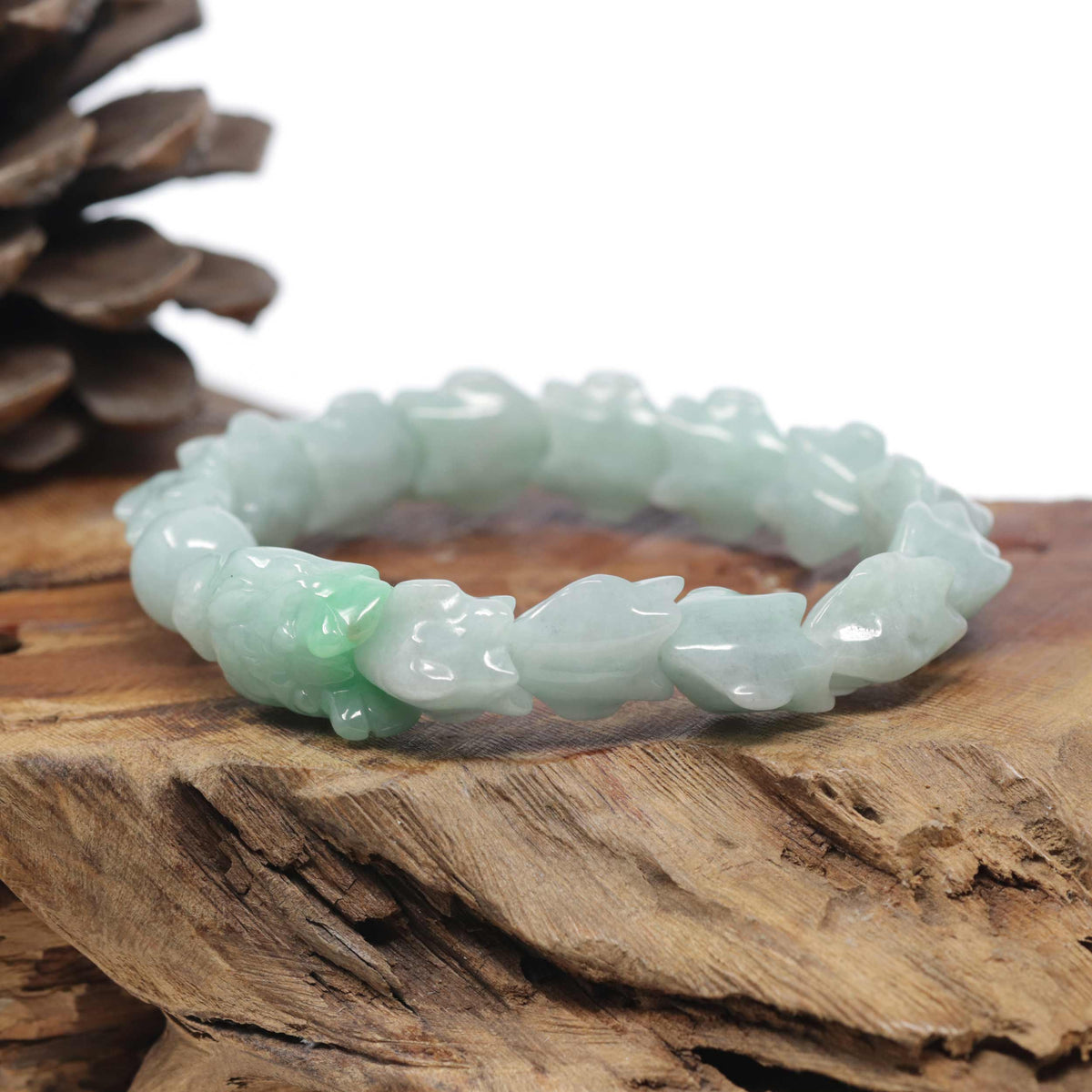 Baikalla Natural Light Apple-Green Jadeite Jade "Dragon" Bead Bracelet
