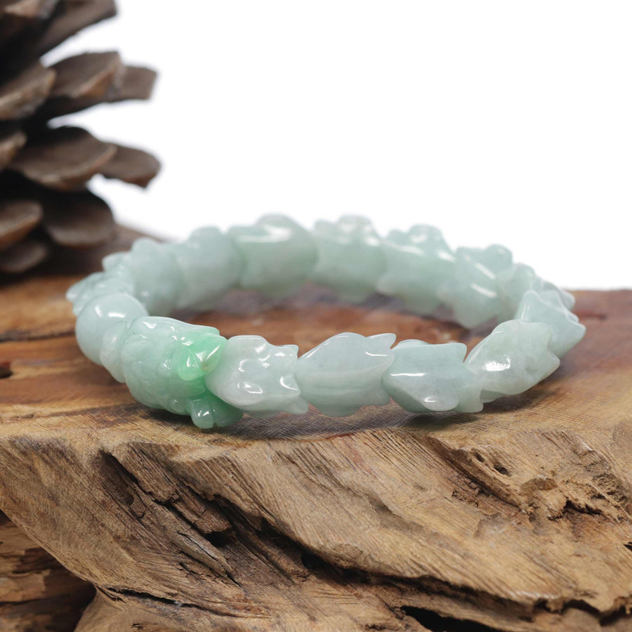 Baikalla Natural Light Apple-Green Jadeite Jade "Dragon" Bead Bracelet