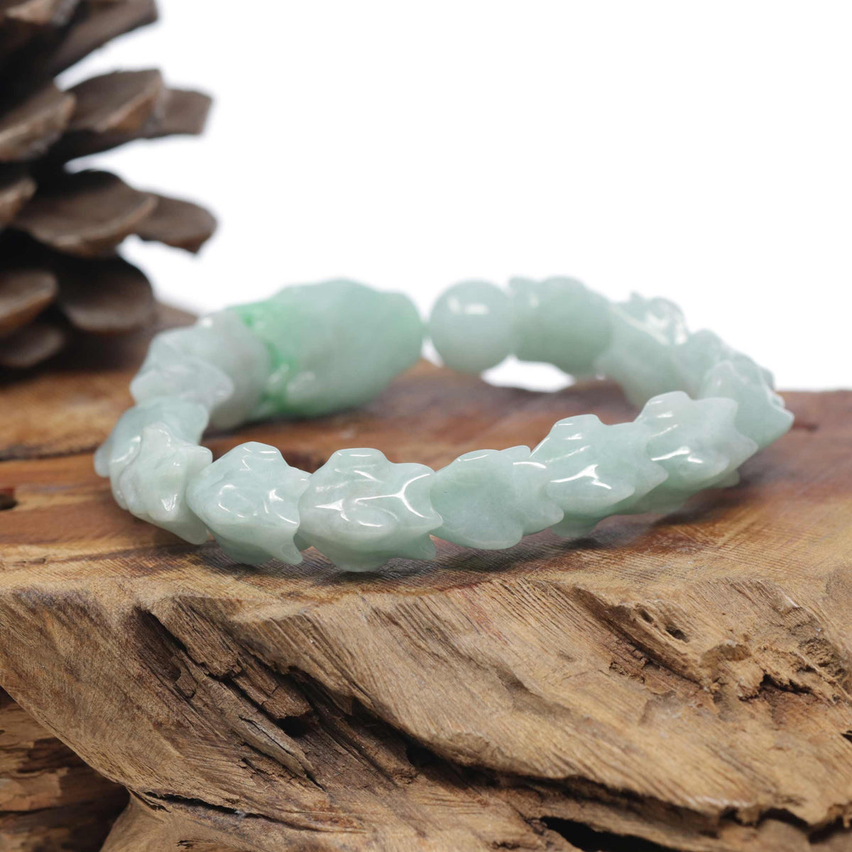 Baikalla Natural Light Apple-Green Jadeite Jade "Dragon" Bead Bracelet