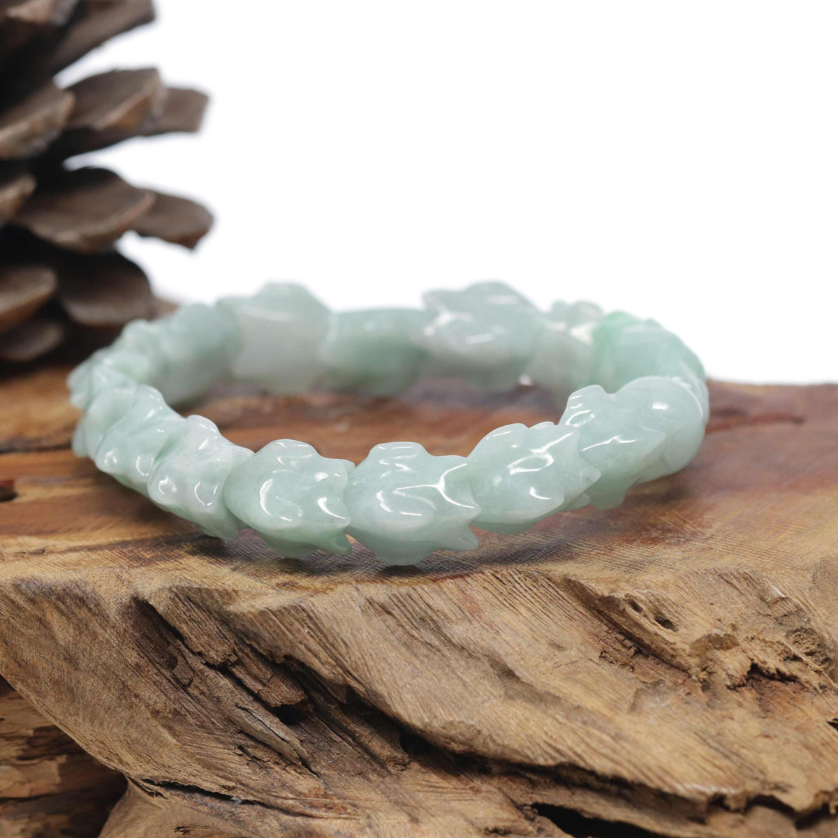 Baikalla Natural Light Apple-Green Jadeite Jade "Dragon" Bead Bracelet
