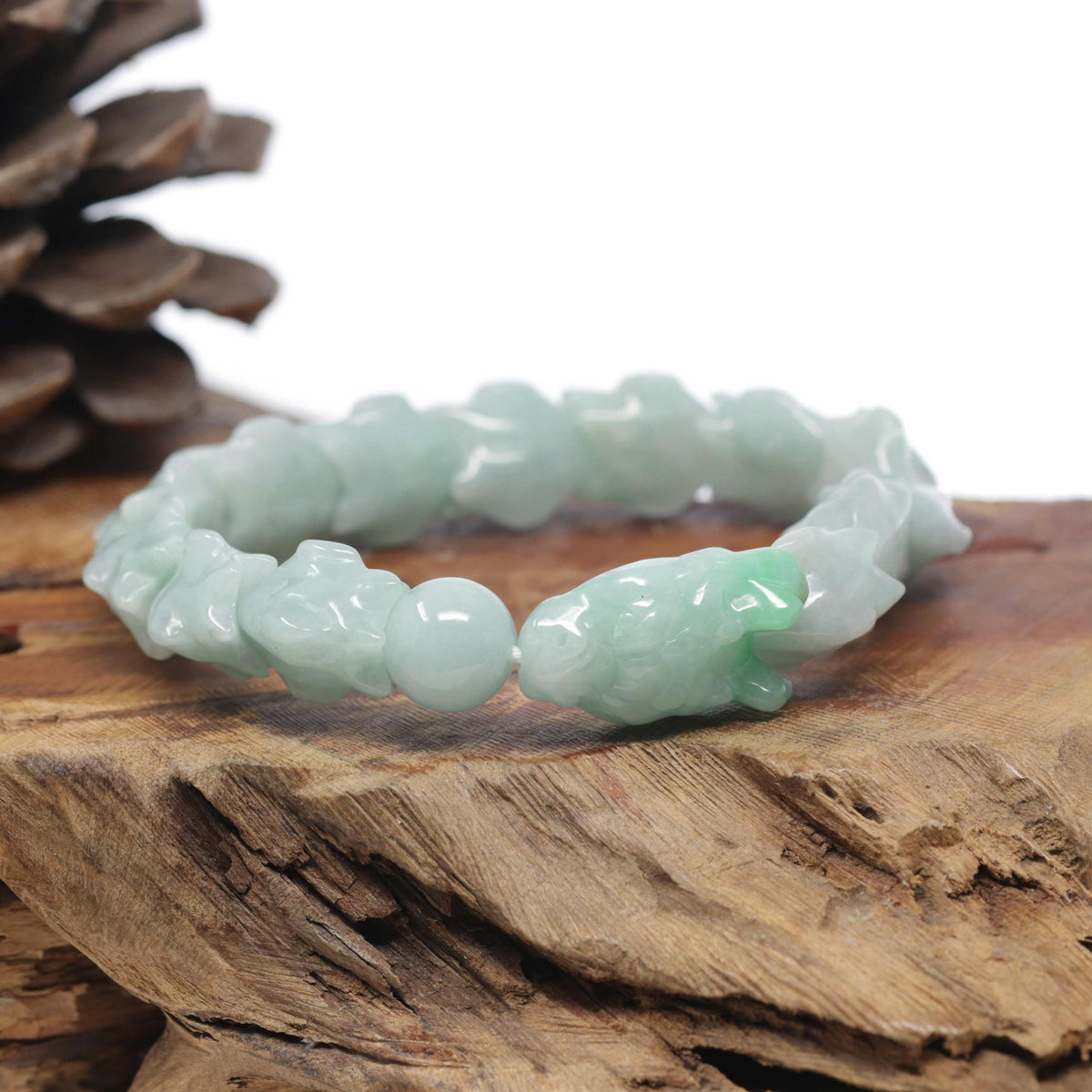 Baikalla Natural Light Apple-Green Jadeite Jade "Dragon" Bead Bracelet