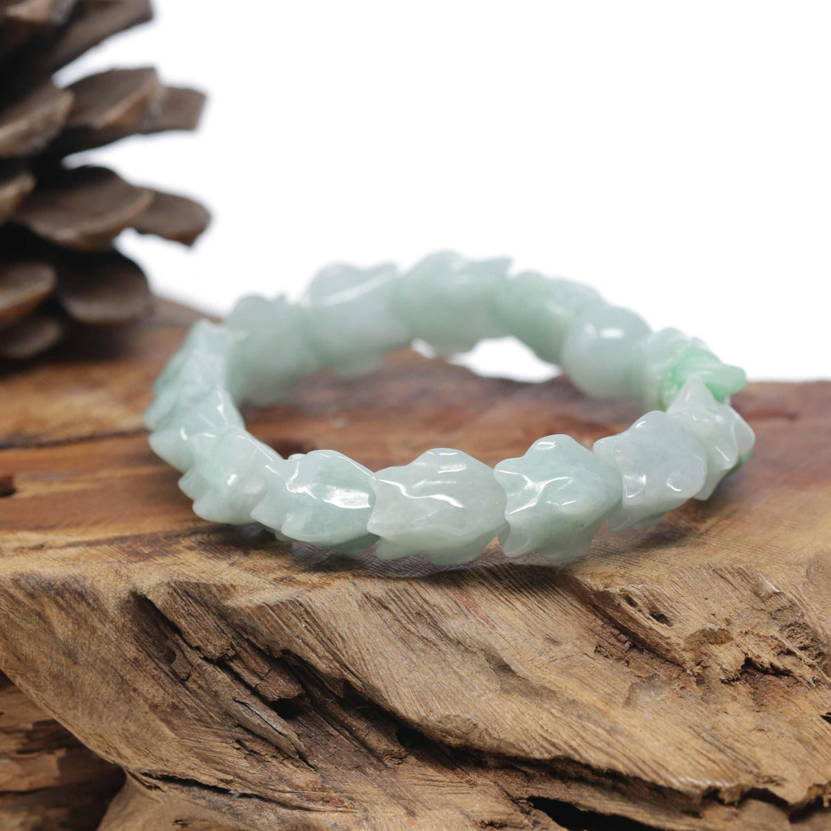 Baikalla Natural Light Apple-Green Jadeite Jade "Dragon" Bead Bracelet