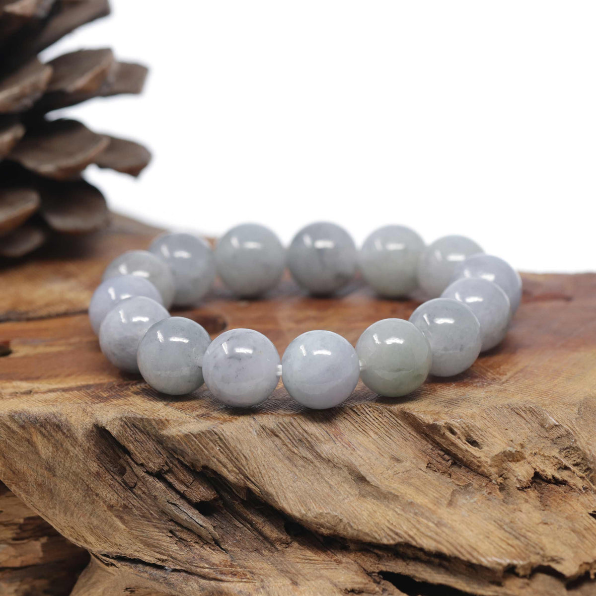 Baikalla Natural Light Lavender-Green W/ Grey Wuji Jadeite Jade Round Bead Bracelet (13.3mm)