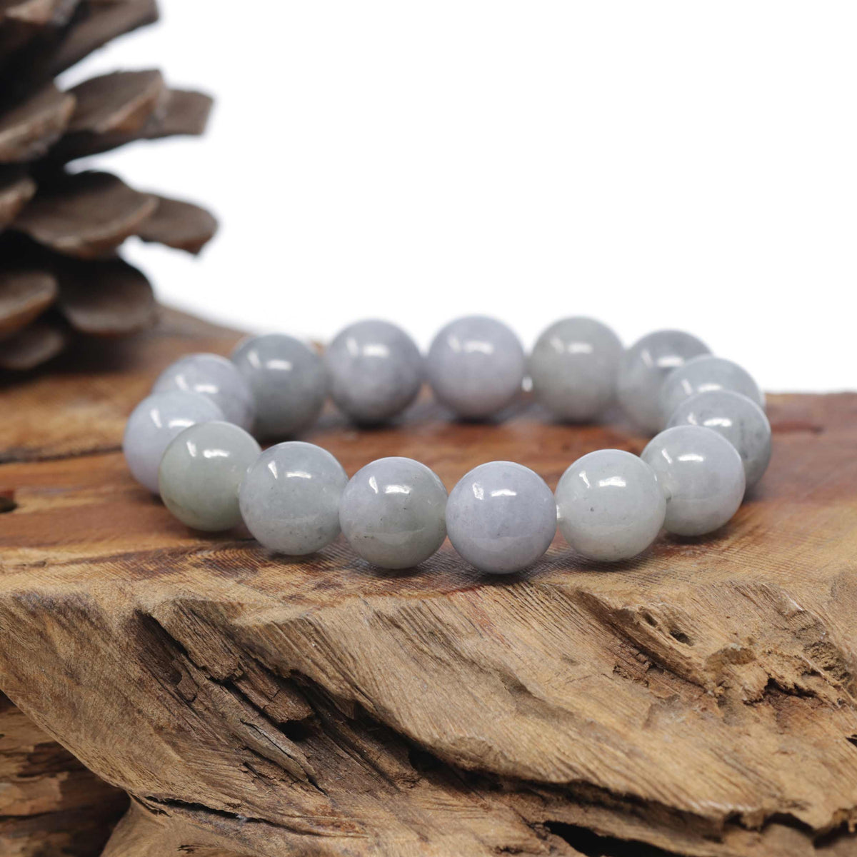 Baikalla Natural Light Lavender-Green W/ Grey Wuji Jadeite Jade Round Bead Bracelet (13.3mm)