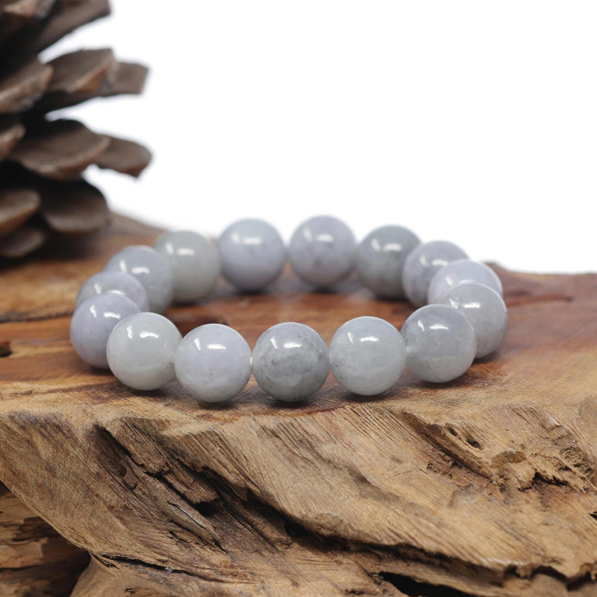 Baikalla Natural Light Lavender-Green W/ Grey Wuji Jadeite Jade Round Bead Bracelet (13.3mm)
