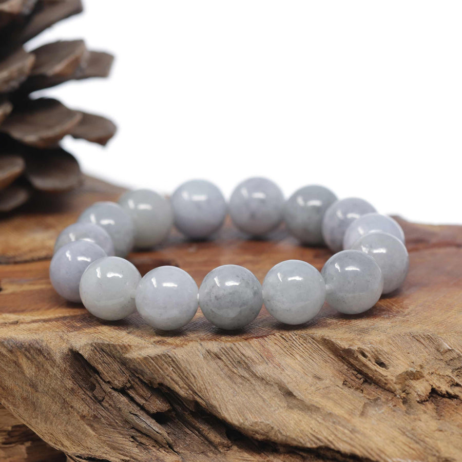 Baikalla Natural Light Lavender-Green W/ Grey Wuji Jadeite Jade Round Bead Bracelet (13.3mm)