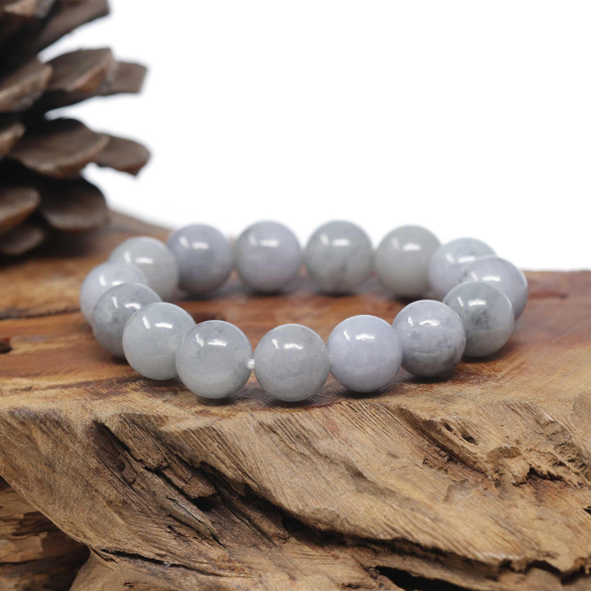 Baikalla Natural Light Lavender-Green W/ Grey Wuji Jadeite Jade Round Bead Bracelet (13.3mm)
