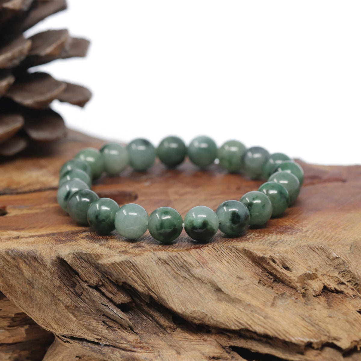 Baikalla Natural Forest-Green Jadeite Jade Round Bead Bracelet (10mm)