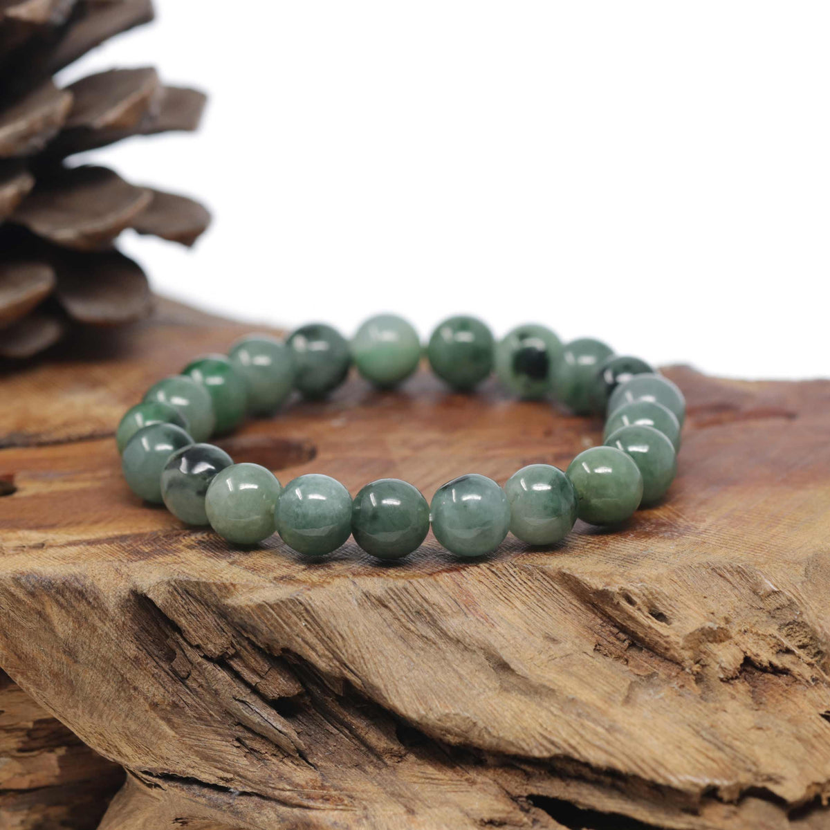 Baikalla Natural Forest-Green Jadeite Jade Round Bead Bracelet (10mm)