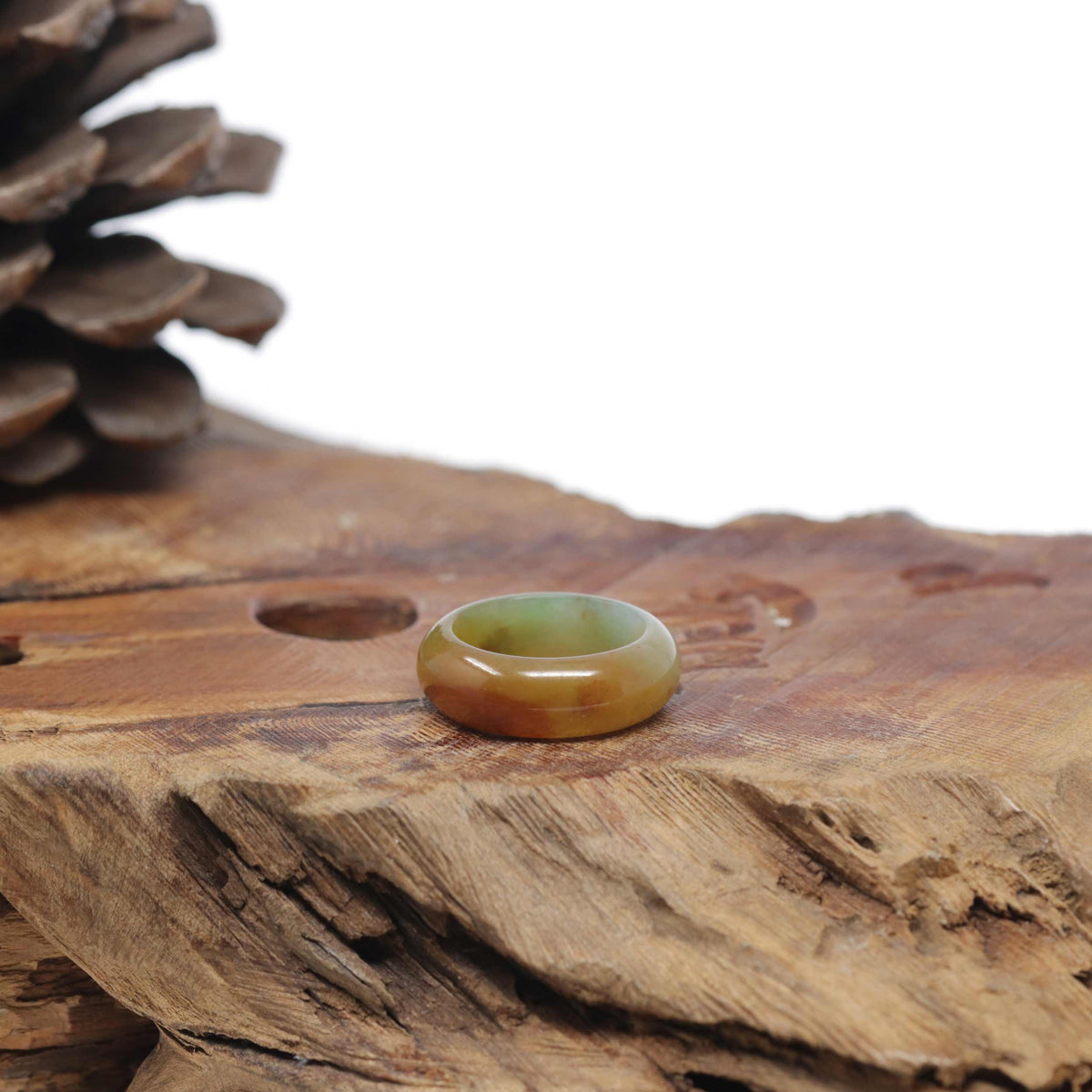 Baikalla Natural Icy Honey-Brown &amp; Green Burmese Jadeite Jade Traditional Ring 